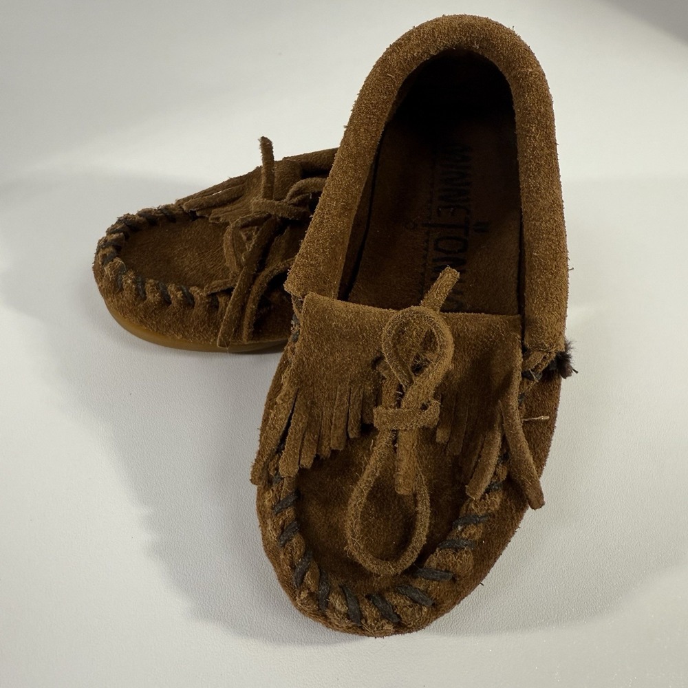MINNETONKA Moccasins Toddler Size 7 Suede Leather Brown Boy Girl Unisex‎ EUC